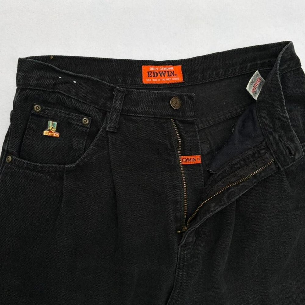 RARE Vintage Edwin High-Waist Pleated Front Tapered Black Denim Jeans Size 30 - Picture 3 of 8